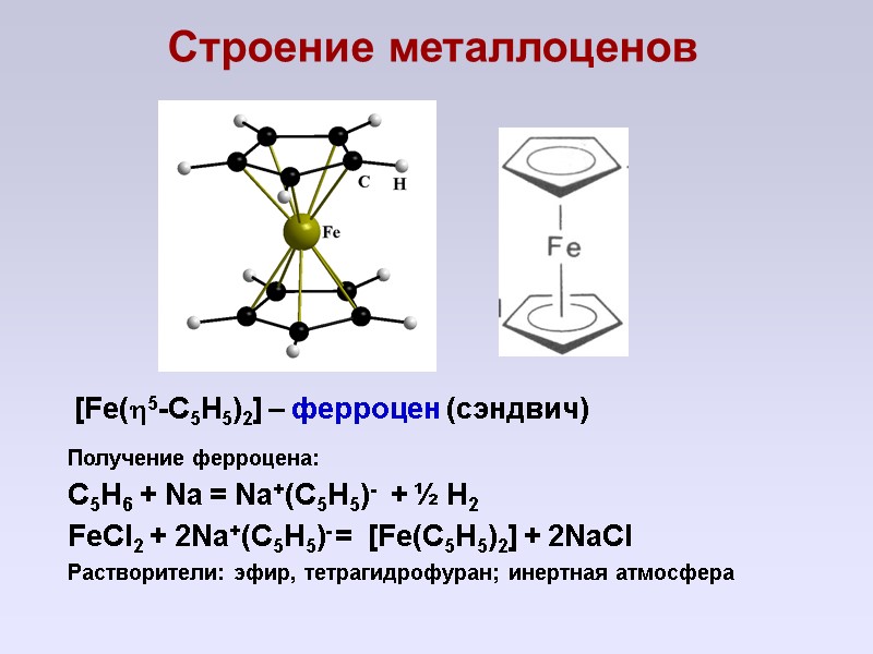Строение металлоценов [Fe(5-C5H5)2] – ферроцен (сэндвич) Получение ферроцена: C5H6 + Na = Na+(C5H5)- 